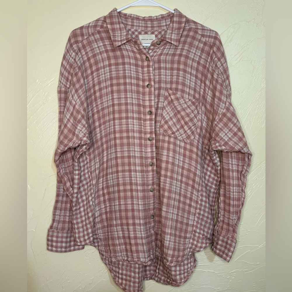 American Eagle Outfitters Pink Plaid & Gingham Shirt